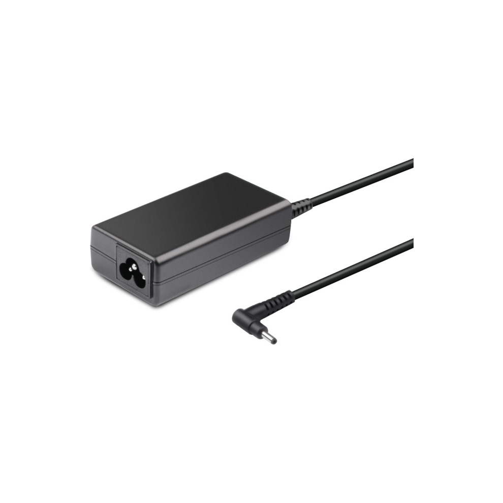 Black 65W power adapter/inverter with a rectangular body and an angled connector, featuring a standard power input port on one side.
