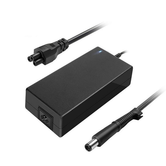 Black power adapter/inverter with a sleek rectangular design, featuring a power input socket and a connector cable, marked with a blue LED indicator.