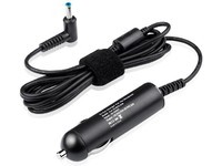 Black 65W power adapter/inverter with a coiled cable, featuring a right-angle connector and a velcro strap for cable management, designed for indoor use.