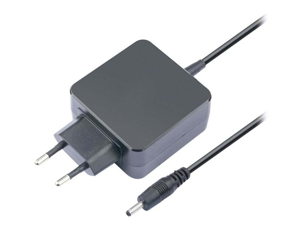 Black 20W power adapter/inverter with a compact design, featuring two prongs for wall connection and a cable ending in a cylindrical connector.