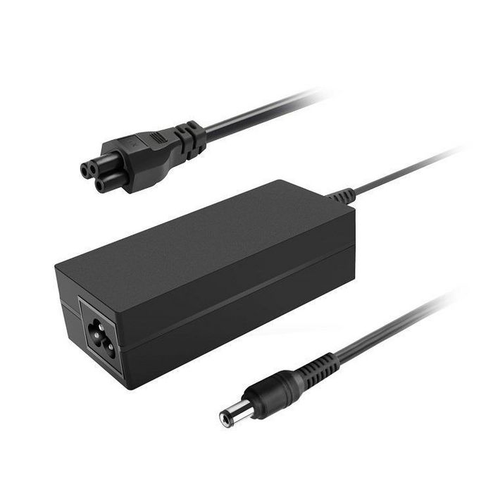 Black rectangular power adapter/inverter with a matte finish, featuring two cables: one with a standard plug and another with a cylindrical connector, rated at 56 W.
