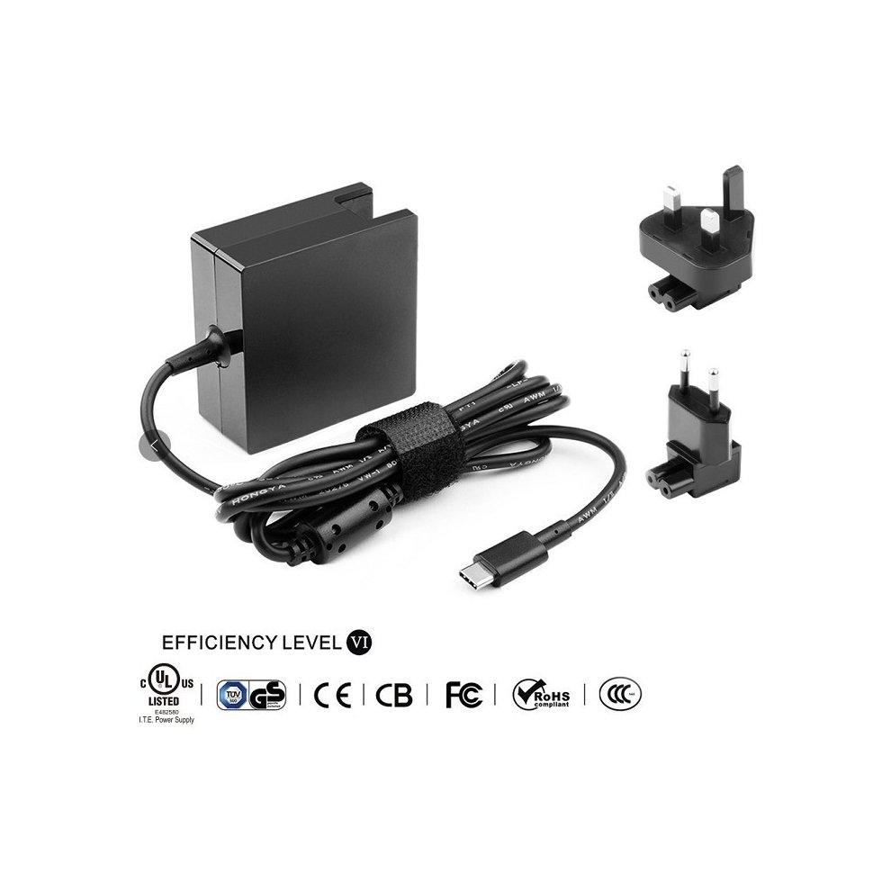 Black 90W power adapter with a compact design, featuring a detachable power cord and interchangeable plug heads for various outlets, labeled with certification icons.
