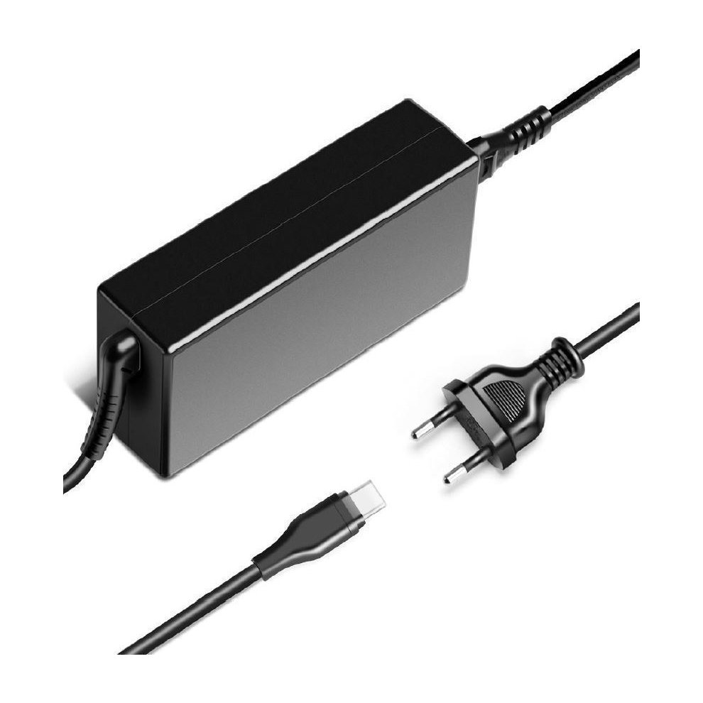 Black 65W power adapter with a rectangular design, featuring a USB-C connector and a two-prong power plug, suitable for indoor use.