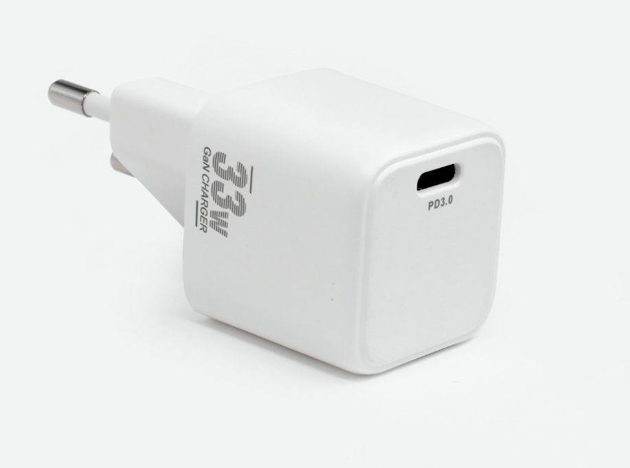 White power adapter with a compact design, featuring a USB-C port labeled "PD 3.0" and a two-prong plug, suitable for indoor use with a 33W capacity.