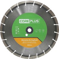 Coreplus Abrasive and Asphalt Diamond Blade, silver with green and orange label, segmented edge.
