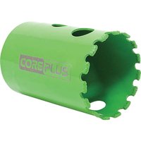 Green Coreplus diamond hole saw with serrated edge and side holes.