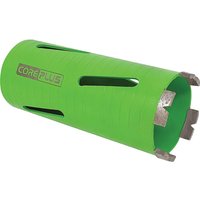 Green Coreplus dry diamond core drill bit with side vents and silver cutting segments.