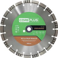 Coreplus Elite diamond blade with silver segmented edge, green center, and multi-material cutting label.