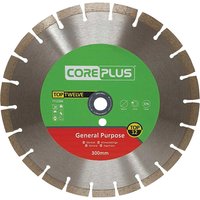 Coreplus Top Twelve diamond blade, silver with green and red center, segmented rim, 300mm diameter.