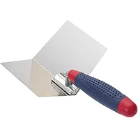 Stainless steel corner tool with blue and red ergonomic handle, designed for internal smoothing by Spear and Jackson.
