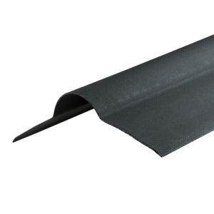 Black corrugated bitumen ridge with a smooth finish, measuring 930mm, designed for roofing applications, featuring a curved edge for effective water drainage.