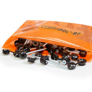 Black screw cap fixings in a clear bag, featuring 50 pieces with metal screws and plastic caps, labeled "CORRAPOL-BT" on an orange packaging.