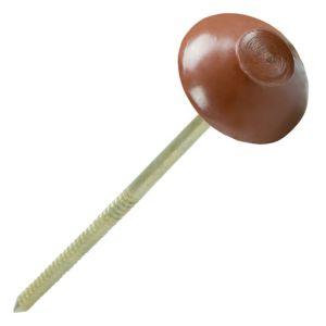 Brown corrugated bitumen fixings with a round, flat head and a threaded metal shaft, designed for roofing applications, packaged in a set of 100.