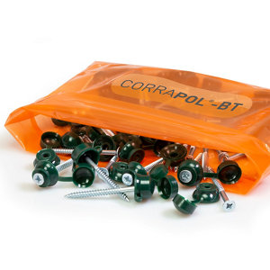 Pack of 10 green Corrapol-BT screw cap fixings with metal screws, displayed in an orange transparent bag labeled "CORRAPOL-BT."