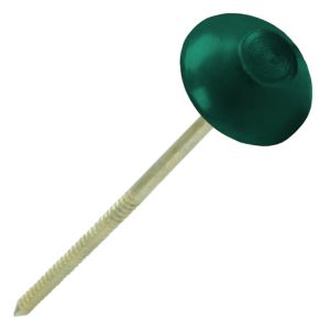 Green corrugated bitumen fixings with a round, domed head and a long, threaded shaft, designed for secure fastening in roofing applications, packaged in a 100-piece set.