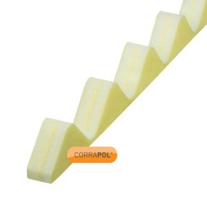 Yellow low-profile foam eaves filler with a zigzag design, measuring 900mm, featuring the "CORRAPOL" logo prominently displayed.