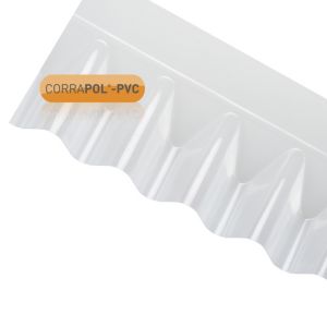 Clear Amber Corrapol PVC DIY Grade Wall Flashing, 950mm long, features a wavy design in transparent PVC, ideal for roofing and wall protection.