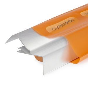 Corrapol Rigid Rock N Lock Side Flashing in grey, made of durable material, featuring a sleek design with sharp edges, packaged in bright orange branding.