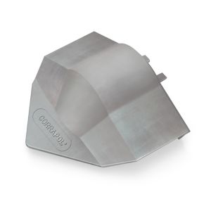 Corrapol Super Ridge Endcap Mill in silver metal, featuring a unique angular design with a smooth finish and a branded logo on the side, ideal for roofing applications.