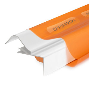 Corrapol Rigid Rock N Lock Side Flashing in white, measuring 3m, features a durable plastic construction with a sleek design for effective weatherproofing.