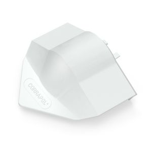 White Corrapol Super Ridge Endcap made of durable plastic, featuring a sleek design with a pointed edge and embossed logo for easy installation on roofing systems.