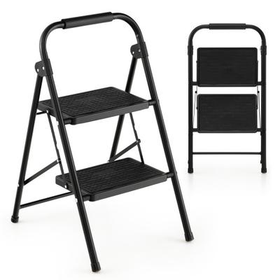 Black metal 2-step ladder featuring wide anti-slip pedals, sturdy frame, and a compact foldable design for easy storage.