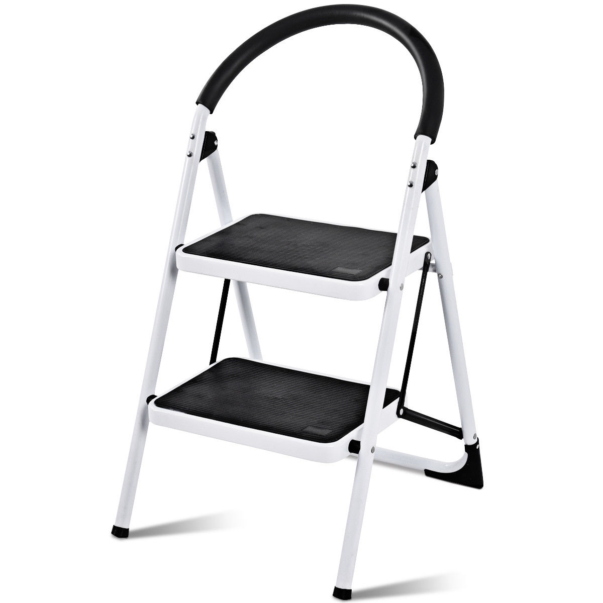 White folding step stool with a sturdy iron frame, featuring two black anti-slip pedals and a curved black handle for added safety.