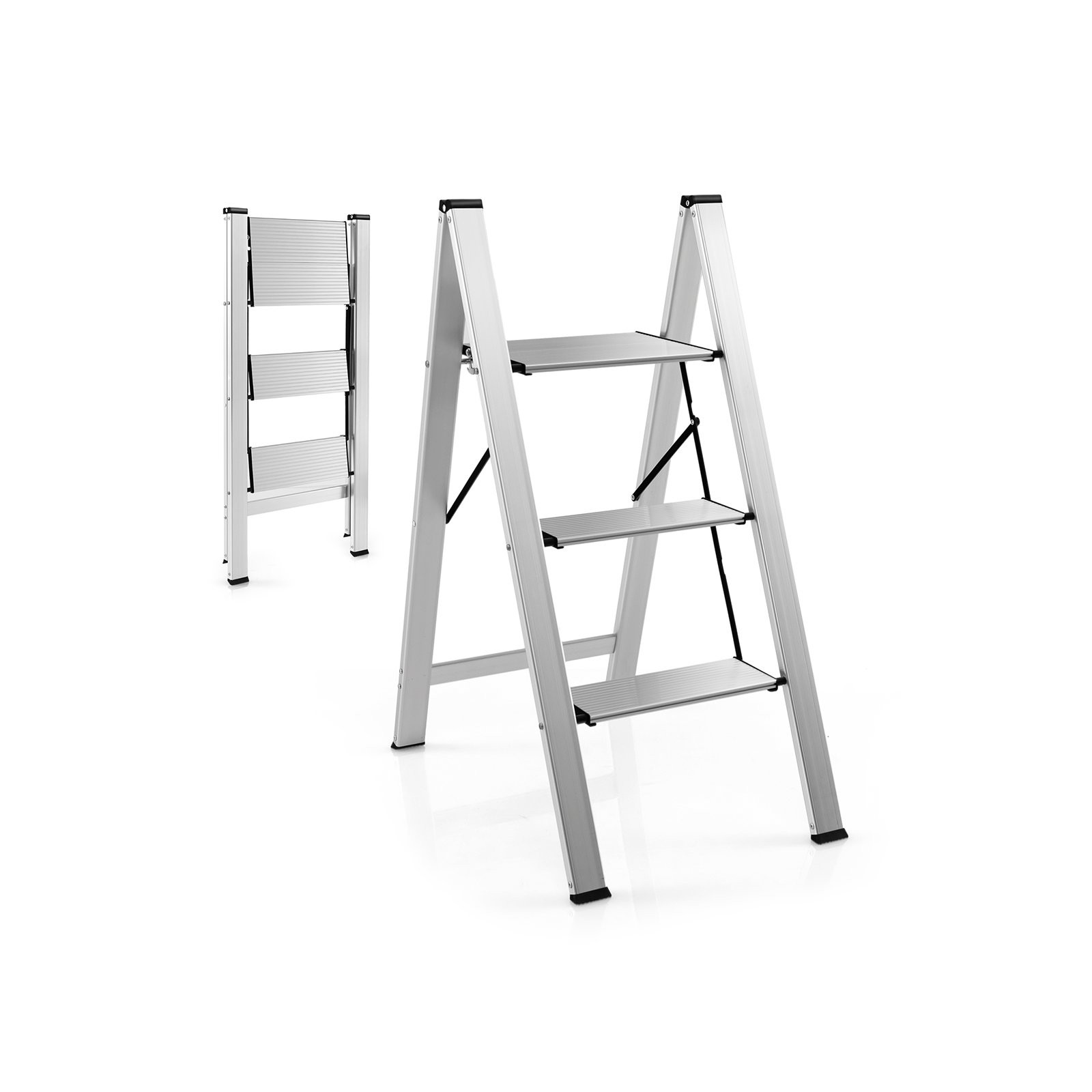 Three-step folding ladder in silver, featuring wide anti-slip pedals and a sturdy aluminum frame, with a compact design for easy storage.