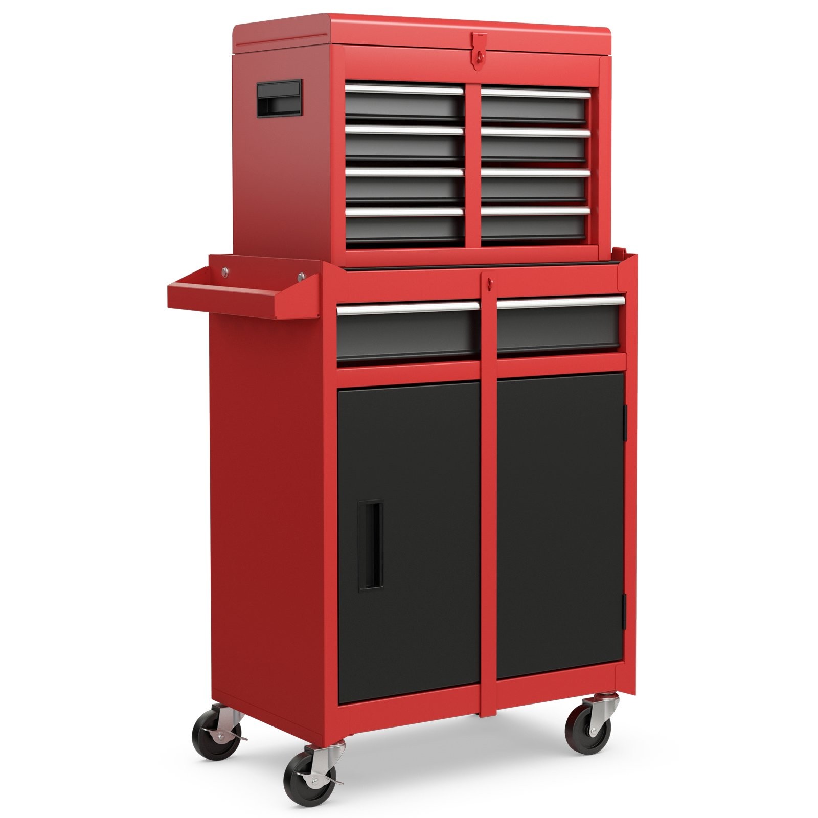 High capacity tool storage cabinet in black and red, featuring lockable wheels, multiple drawers, and a spacious bottom cabinet for organized tool storage.
