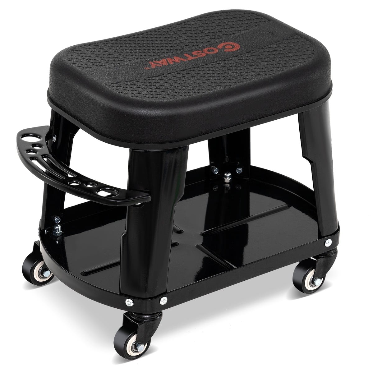 Black rolling stool with a textured seat, equipped with a tray and tool holder, featuring sturdy wheels for mobility and a sleek black frame.