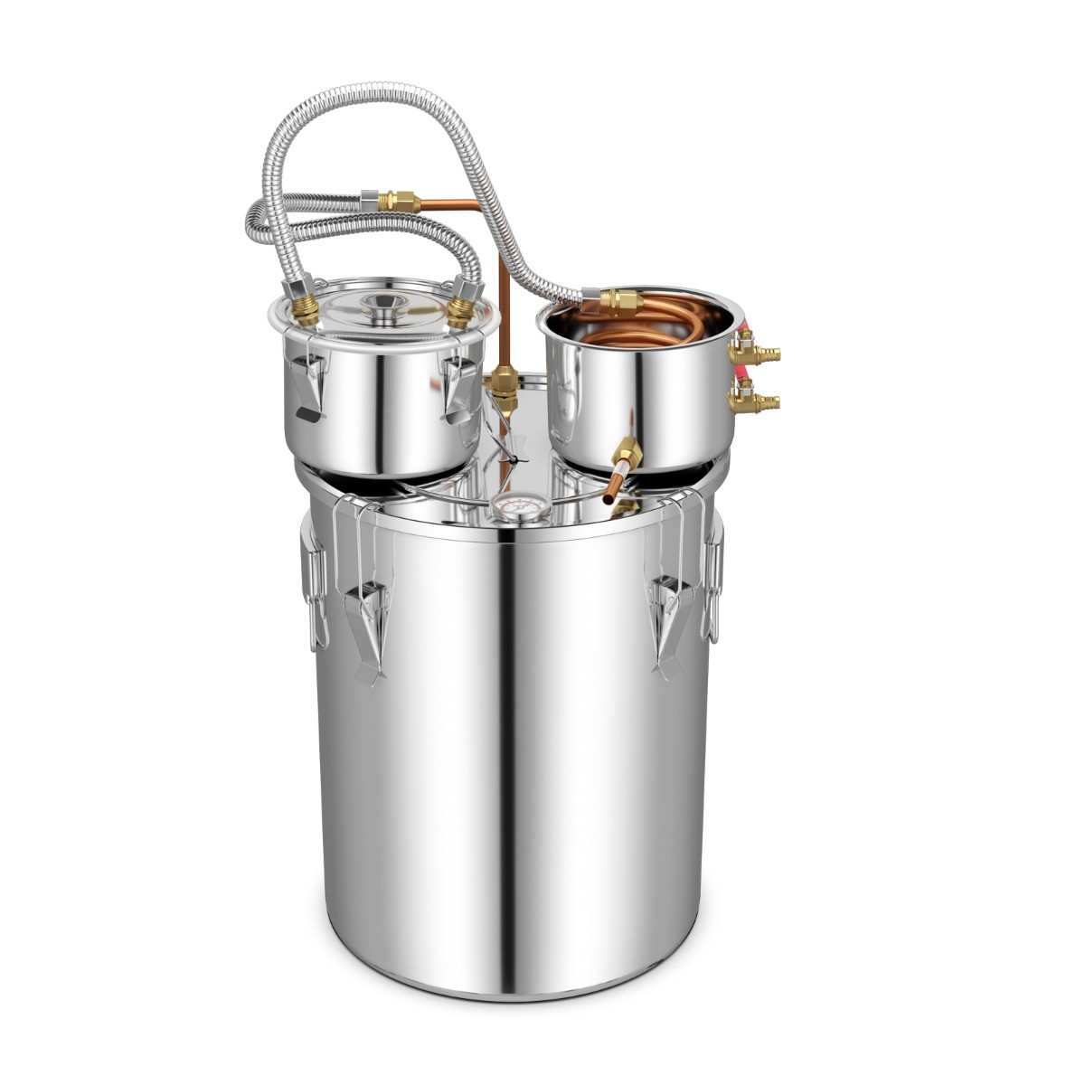 Stainless steel alcohol distiller with a polished finish, featuring a built-in thermometer, dual chambers, and copper components for efficient distillation.