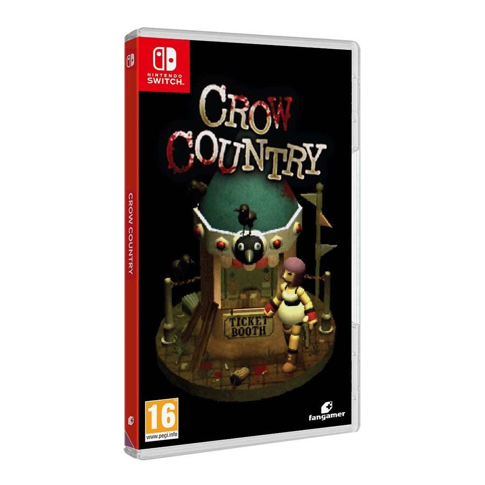 Crow Country for Nintendo Switch features a whimsical ticket booth with a crow theme, set against a dark background, showcasing vibrant colors and playful character design.