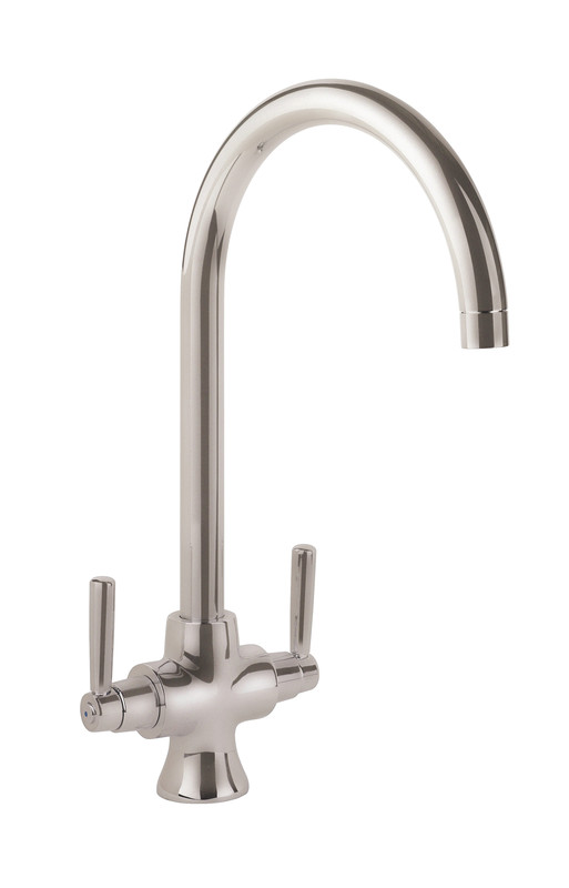 Brushed stainless steel dual lever monobloc tap with a sleek cruciform design and a high, curved spout for modern kitchen aesthetics.