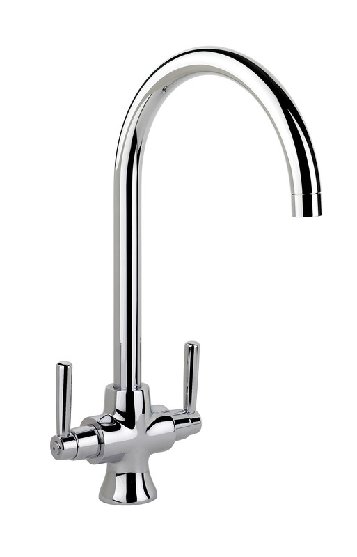 Cruciform dual lever monobloc tap with a sleek chrome finish, featuring a high arch spout and two cross-shaped handles for easy water control.