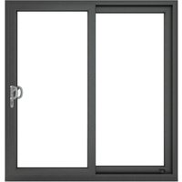 Grey UPVC sliding patio door, left to right, with clear glazing, white interior, and 150mm cill, 2390x2090 mm.