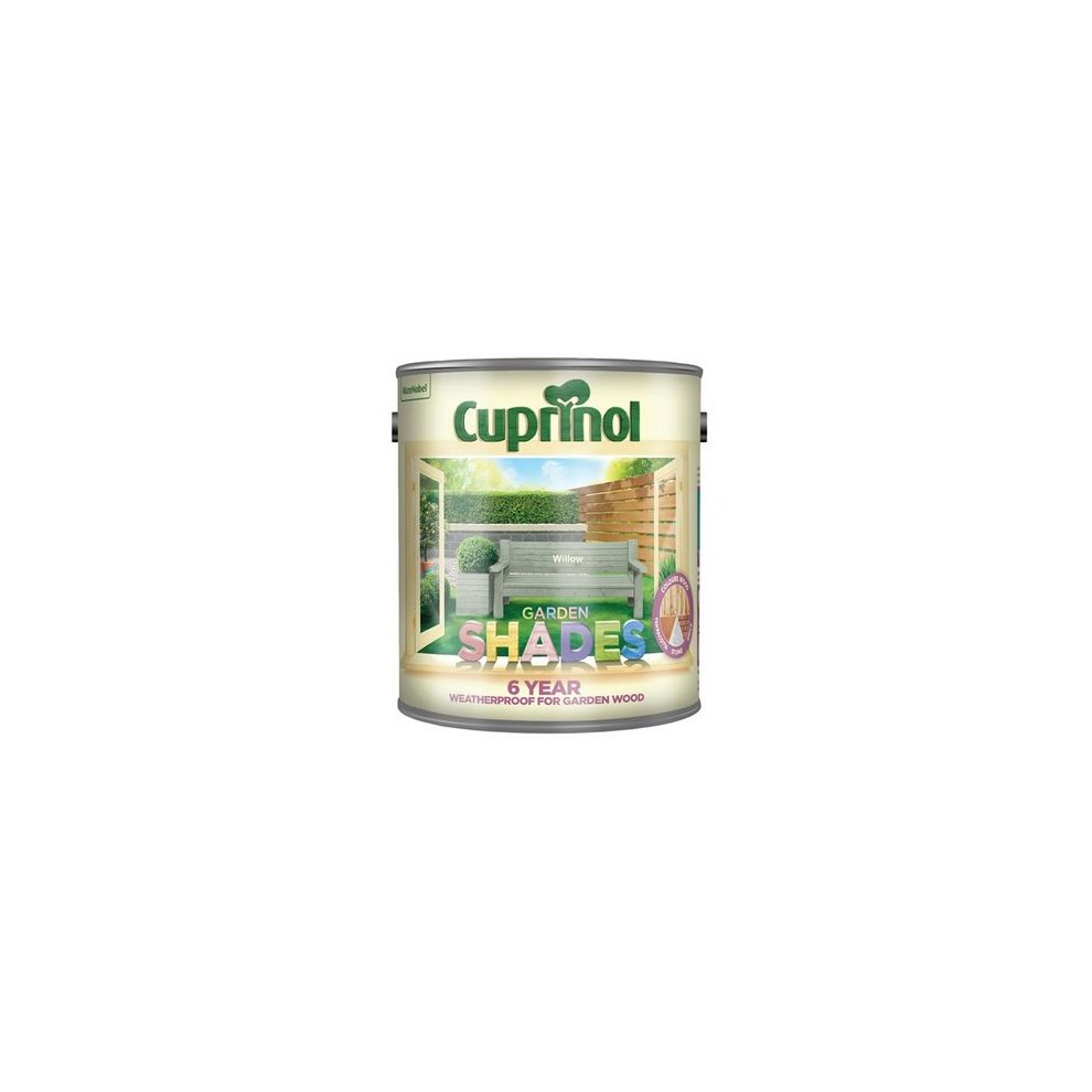 Cuprinol Garden Shades in Willow, 2.5 litres, features a light green color, designed for outdoor wooden surfaces, with a 6-year weatherproof guarantee on the label.