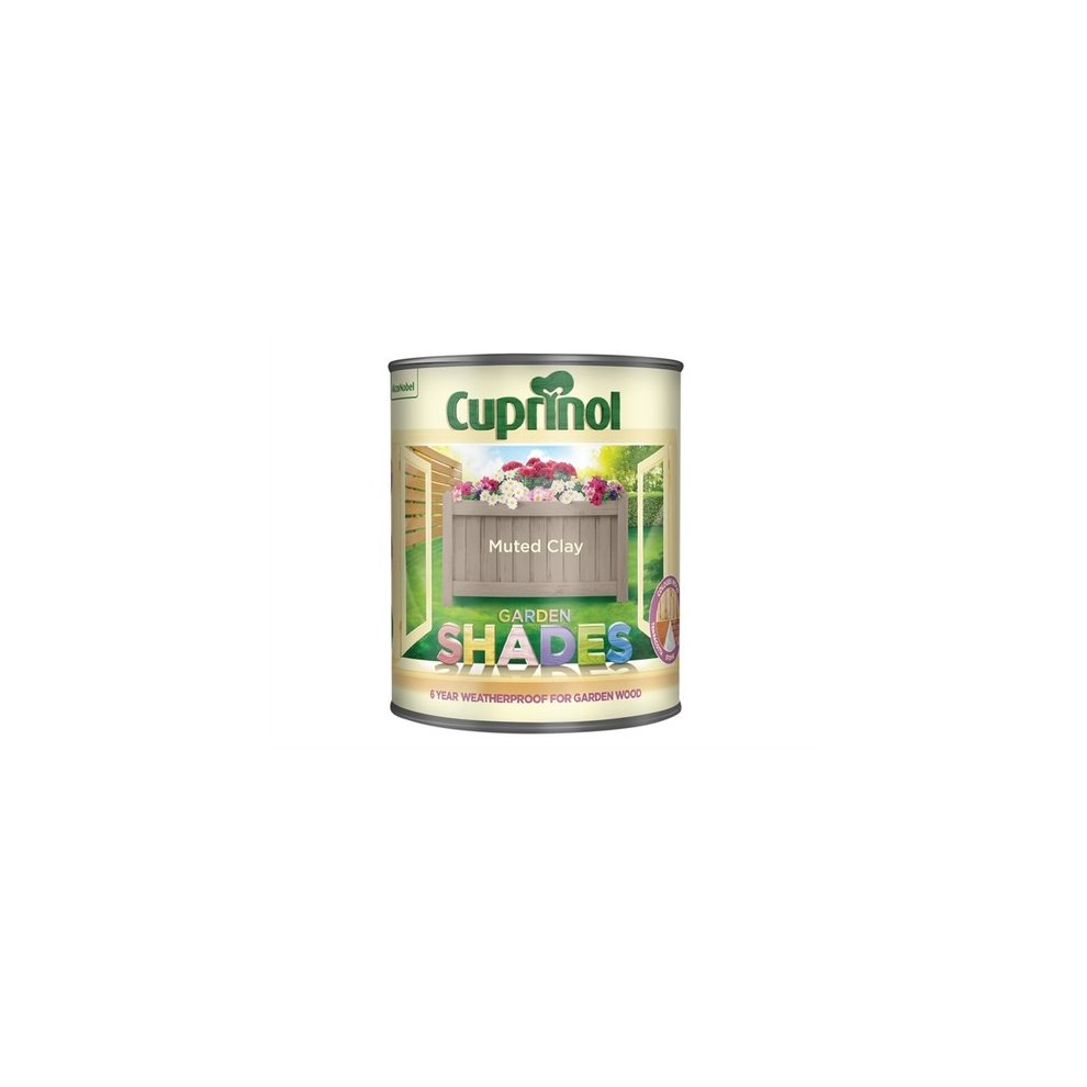 Cuprinol Garden Shades in Muted Clay, 1 litre tin, featuring a pastel clay color, designed for waterproofing and protecting garden wood surfaces.