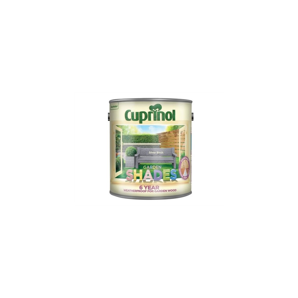 Cuprinol Garden Shades Silver Birch paint in a 2.5-litre tin, featuring a light grey color, labeled for outdoor use on wooden surfaces, with a 6-year weatherproof guarantee.
