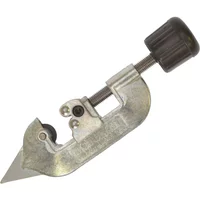 Metallic tube cutter with adjustable screw handle and sharp cutting wheel.