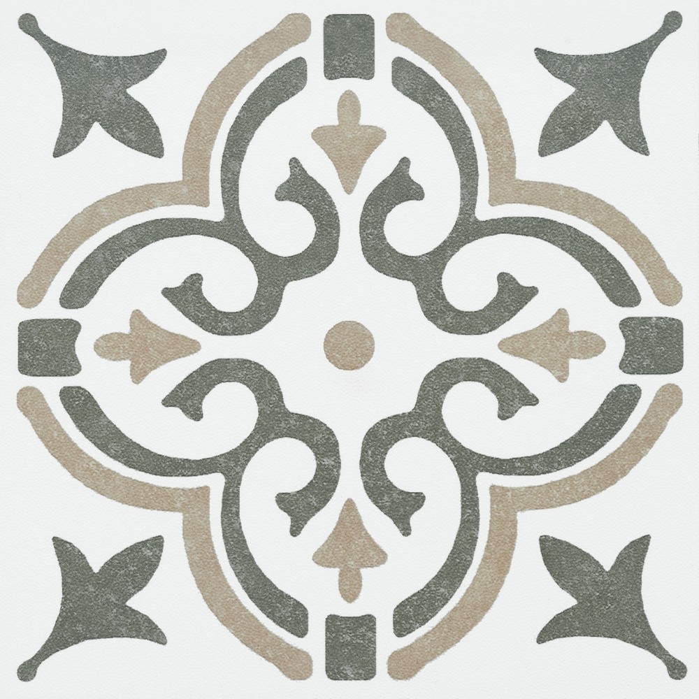 Adhesive tile featuring a decorative pattern in muted tones of green, beige, and gray on a white background, resembling classic ceramic designs.