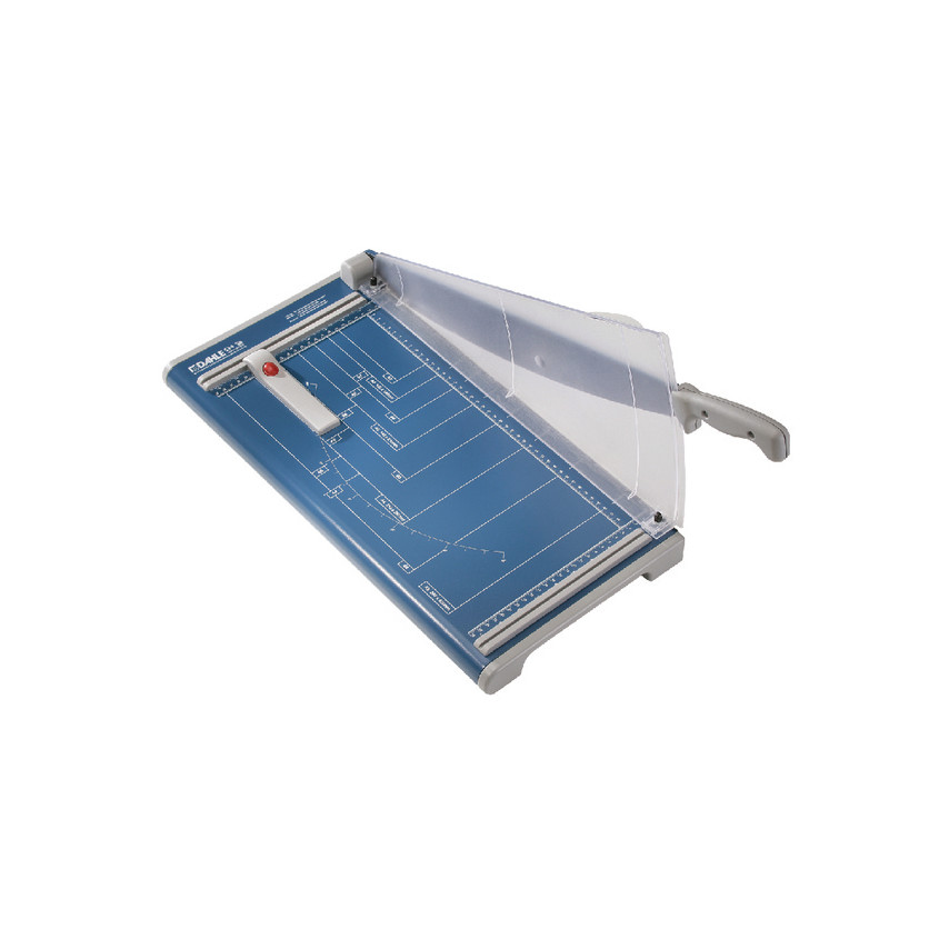 Dahle 534 A3 personal guillotine features a blue cutting surface, clear safety guard, and a sturdy gray handle, designed for precise paper cutting.