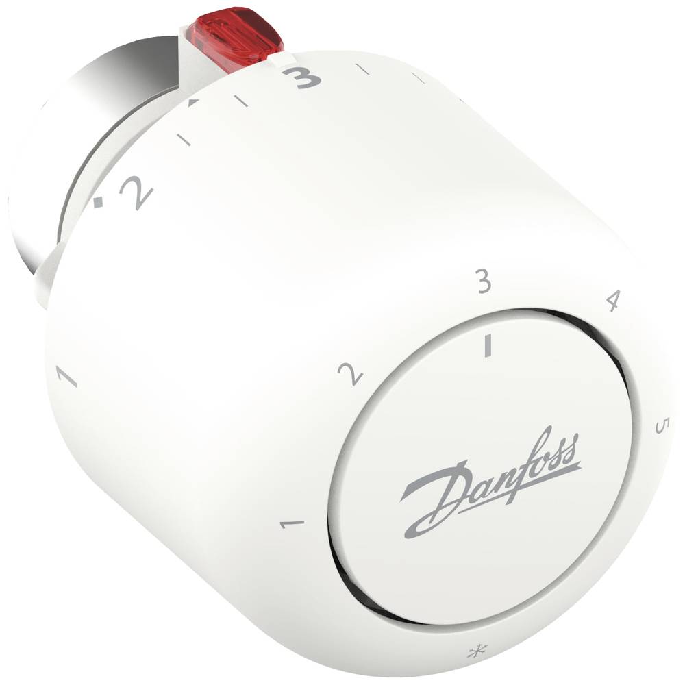 White plastic Aero Valve with a circular dial marked 1-5, a red indicator, and the Danfoss logo, designed for RAVL systems, with a 26mm mount and temperature range of 7–28°C.