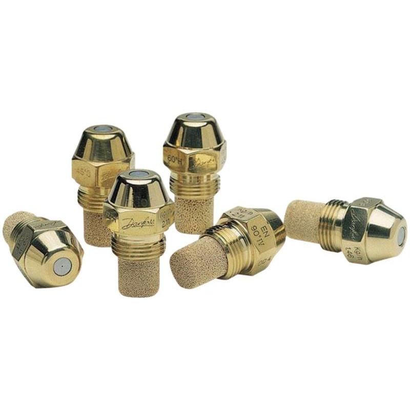 Brass Danfoss GICLEUR OD Ype S - 0.55 US nozzle, featuring a hexagonal base, mesh filter, and a rounded top, arranged in a group of five.