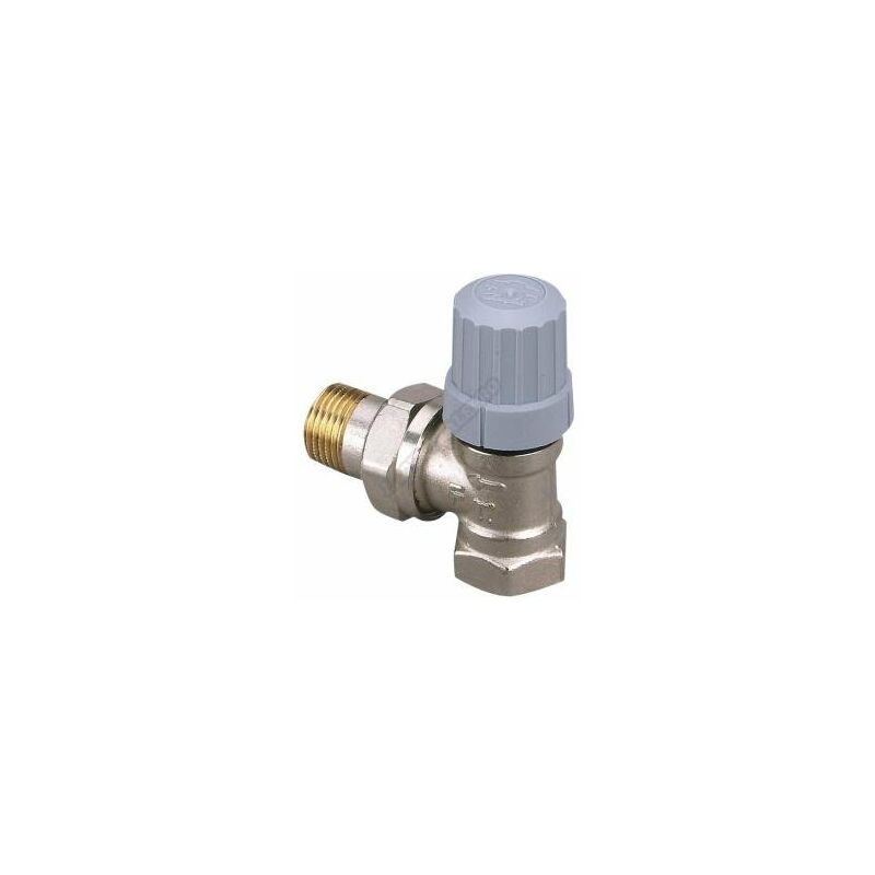 Brass valve with a grey plastic adjustment knob, featuring a 3/8" connection and an angled design, labeled as Danfoss R-FN. NF - Ngle 3/8" - DN10.