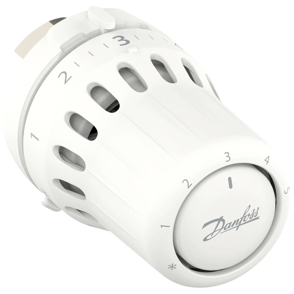 White thermostatic radiator valve with a cylindrical shape, featuring a numbered dial from 1 to 5, and the Danfoss logo prominently displayed.
