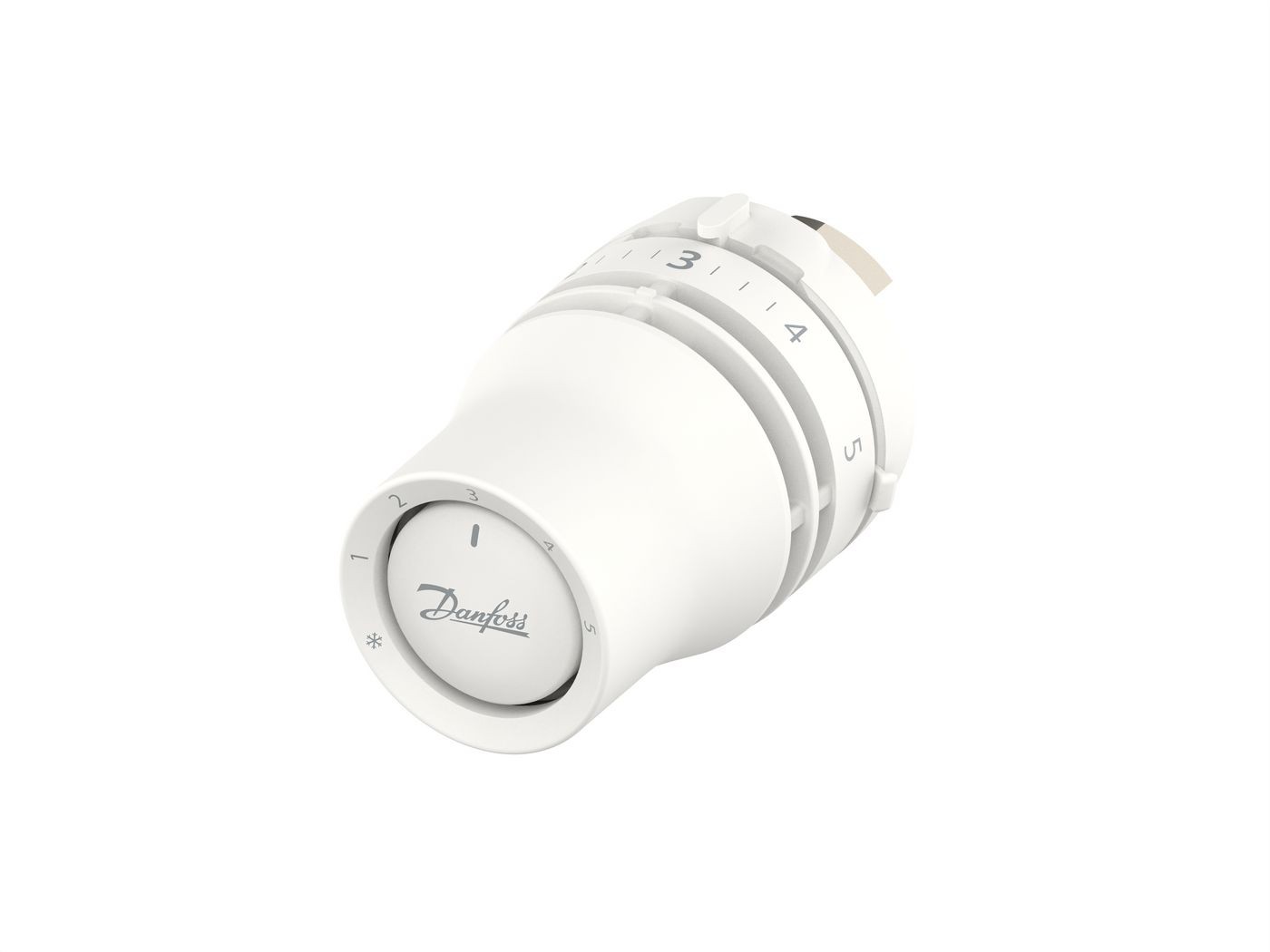 White thermostatic valve head with a round dial marked from 1 to 5, featuring the Danfoss logo, designed for M30x1.5 connections.