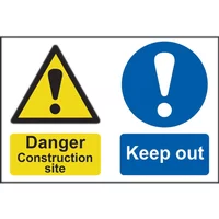 Danger Construction Sign 600x400mm with yellow triangle, black exclamation mark, and blue circle, white exclamation mark.