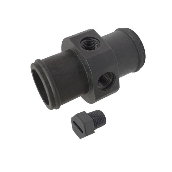 Black metal in-line adaptor with two threaded openings and a smaller square plug, designed for 38mm connections, featuring a sturdy, industrial design.