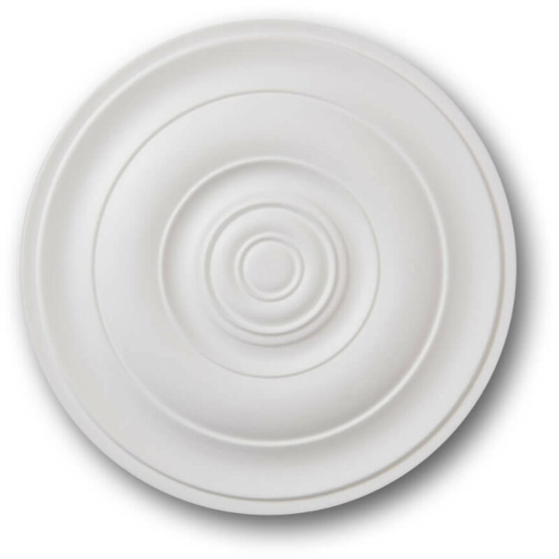 White polystyrene ceiling rose featuring a concentric circular design, measuring 465 mm in diameter, ideal for decorative enhancements.