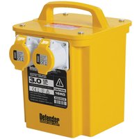 Yellow Defender site transformer with dual sockets, carrying handle, and 3Kva label for 240v to 110v conversion.